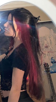 Red Underlayer Hair Dye Hair Color Red Underneath, One Streak Of Color In Hair Underneath, Streaks Of Red Hair, Dyed Underlayer Red, Black Hair And Red Underneath, Black Hair With Red Underlayer, Red Hair Ideas For Long Hair, One Colored Streak In Hair, Black Hair W Red Underneath