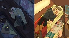 two cartoon scenes one shows a man in bed and the other depicts an old man sleeping