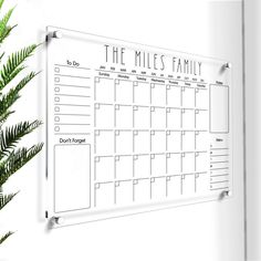 a dry erase calendar hangs on the wall next to a plant and potted fern