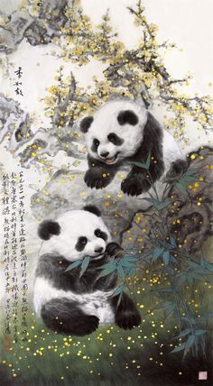 two pandas are sitting in the grass and eating bamboo leaves with yellow flowers behind them