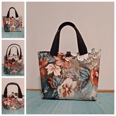 four different images of a flowered bag with black handles and two side by side pictures