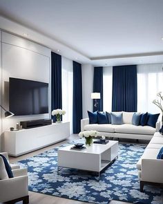 a living room with blue and white decor