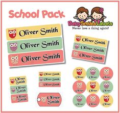 the back and side of an owl themed school pack with labels for each student's name