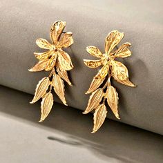 Nwt Romwe Gold-Tone Leaf Design Stud Earrings. Measurements Included In Last Photo. Leaf Design Earrings, Flower Earring, Hollow Heart, Heart Flower, Earring For Women, Leaf Jewelry, Earrings Online, Design Earrings, Flower Decor