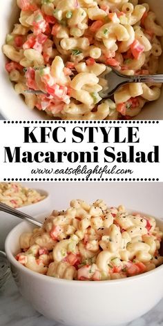 Macaroni salad pin images overhead macaroni with forks and 3/4 view macaroni in bowl Macorini Salad Recipes, Salad With Macaroni Noodles, Kfc Pasta Salad, Kfc Salad Recipe, Kraft Pasta Salad Copycat, Kfc Macaroni Salad Recipe, Homemade Mac Salad, Macaroni Salad With Pimentos, Mediterranean Macaroni Salad