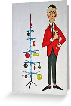 a painting of a man standing next to a christmas tree holding a glass in his hand