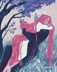 a painting of a woman with pink hair sitting in the grass next to a tree