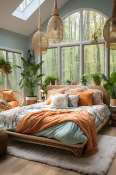 a bedroom with large windows and lots of plants in the window sill, along with a bed that has an orange blanket on it