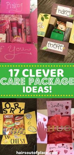 several different boxes with handmade items in them and the text, 17 clever care package ideas