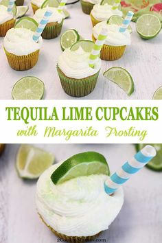 tequila lime cupcakes with margarita frosting and striped paper straws on top