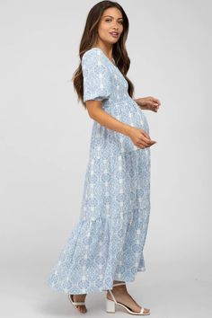 Blue Paisley Print Smocked Tiered Maternity Maxi Dress – PinkBlush Blue Baby Shower Dress, Bbq Outfits, Maternity Dresses For Baby Shower, Baby Shower Dress, Maternity Maxi Dress, Stylish Mom, Maternity Maxi, Baby Shower Dresses, Shower Dresses