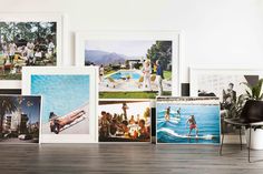 several framed photographs are on the wall next to a chair and potted plant in front of them