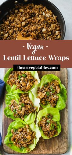 lettuce wraps filled with lentils and topped with ground meat in a cast iron skillet