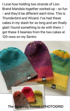 three knitted hats are shown with the text below them that reads, i love how holding two strands of lion