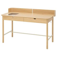 a wooden desk with two drawers on the top and one drawer at the bottom that is open