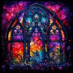 an artistic stained glass window with flowers and swirls on the windowsill, in bright colors