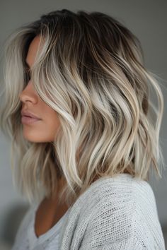 47+ Icy Blonde Balayage Hair Ideas Blonde Shoulder Length Balayage, Long Bob With Highlights Blondes, Blond Bob With Dark Roots, Blonde Long Bob Dark Roots, Blonde Balayage Middle Part, Cool Outfits Over 50, Balayage Hair Blonde Side Part, Short Blonde Lob Textured Bob, Dark Root Blonde Bob