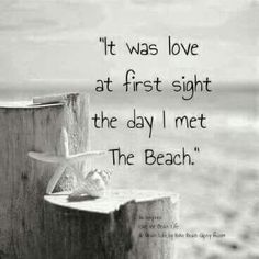a starfish sitting on top of a wooden post next to the ocean with a quote about love at first sight