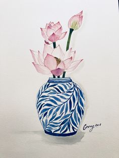 a watercolor painting of pink flowers in a blue and white vase with leaves on it