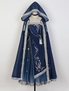 Dark Blue Embroidery Detail Chain Design Dress + Cloak Set Dress Cape, Chique Outfits, Textil Design, Idee Cosplay, Old Fashion Dresses, Hooded Cape, Chinese Design, Fantasy Dresses, China Design
