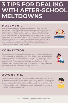 Technically referred to as restraint-collapse, after-school meltdowns are hard!! I know from personal experience how exhausting it is to support your child through meltdowns. Luckily, emotional development expert Alyssa Campbell, M. Ed, shares 3 great tips to help: 1. Movement. 2. Connection. 3. Downtime. To learn more from Alyssa, head to the link! | Emotional Regulation Activities for Kids | Smart Parenting | Peaceful Parenting | Emotional Regulation For Parents, Emotional Regulation Activities For Kids, Regulation Activities For Kids, Regulation Activities, Emotional Regulation Activities, Yoga Inversions, After School Routine, School Routines