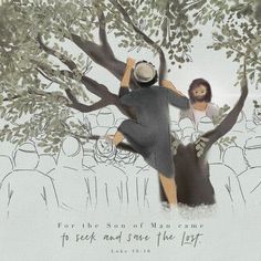 a man and woman standing under a tree with the words for the son of man came to seek and grace the lost