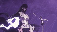 an anime character with a skull and crossbones on her back, standing in the rain
