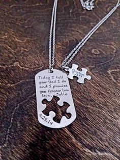 Personalized Gift Wedding, Wedding gift for step children, Step son gift, Step daughter gift, New step mom, Necklace Set, Wedding gifts personalized A beautiful 1 1/8 inch x 2 inch stainless steel dog tag with missing puzzle piece is hand stamped with your own words or as pictured. The puzzle piece is 1 inch and stamped with a name/date for the matching set. You can choose your own words for this piece easily, just message me to make sure the name will fit on the puzzle piece (you can always use Army Decor, Puzzle Piece Necklace, Puzzle Jewelry, Girl Prom, Bff Jewelry, Distance Relationship Gifts, Couple Stuff, Two Necklaces, Long Distance Relationship Gifts