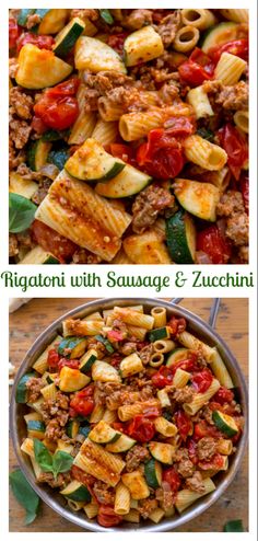 two pictures with different types of pasta and sauces in the same pan, one is cooked