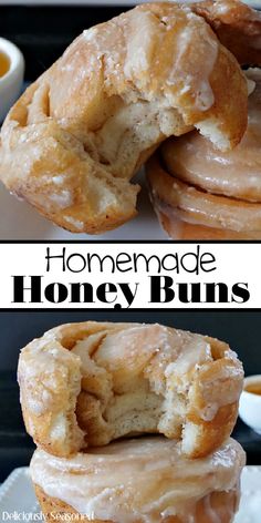 homemade honey buns are stacked on top of each other and have been cut in half