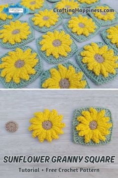 crochet sunflower granny granny square pattern with text overlay that says,'sunflower granny granny square '