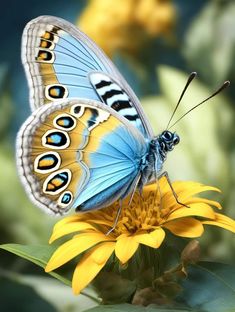 a blue butterfly sitting on top of a yellow flower