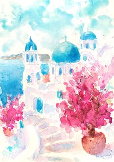 watercolor painting of pink flowers in front of a building with blue domes on top