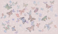 a group of colorful butterflies flying in the air over a pink wallpapered background