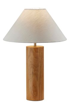 a wooden table lamp with a white shade on the top and bottom part of it