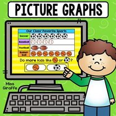 a boy pointing at a computer screen with soccer balls on it and the words picture graphs below
