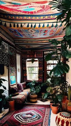 a living room filled with lots of plants and rugs on top of a floor