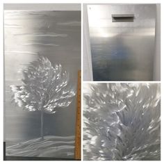 three different pictures of a tree with white leaves on it and silver foil over the top