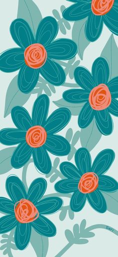 blue and orange flowers on a white background