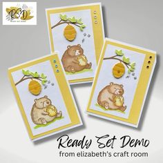 three cards with bears and honey on them