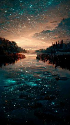 the sky is filled with stars and water