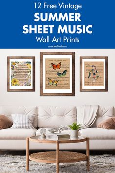 A set of 12 free printable vintage summer sheet music wall art pieces! Summer-themed music titles with full-color vintage illustrations for you to print and frame for easy seasonal decor. The perfect summer wall art for any budget. #freeprintables #sheetmusic #summerhomedecor #vintageillustrations Sheet Music Wall Art, Free Printables Organization, Summer Wall Art, Free Vintage Printables, Shopping Wishlist, Free Printable Wall Art, Holiday Printables, Music Wall Art