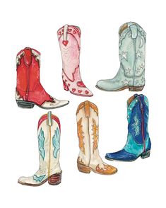 four pairs of cowboy boots are painted in different colors