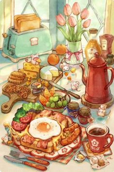 a painting of breakfast food on a table