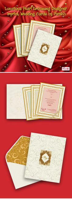 an image of wedding cards with gold and white trimmings on red paper, which are