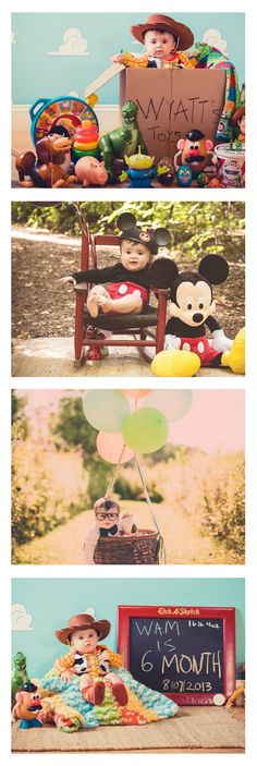 three different pictures with mickey mouse and other items in them, including balloons, toys, and