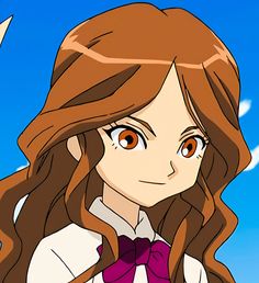 an anime character with long brown hair wearing a white shirt and purple bow tie, standing in front of a blue sky