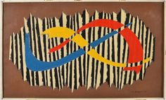 an abstract painting with different colors and shapes on brown, blue, red, yellow and black stripes