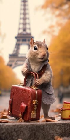 a mouse with a suit case in front of the eiffel tower