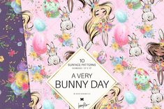 the bunny day pattern is featured in pink and purple